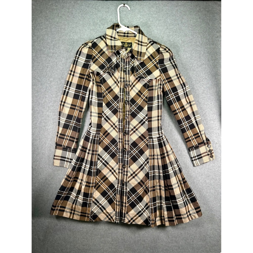 E-Land Plaid Pleated Trench Coat Dress Beige Womens XXS XS Tag 155/80A Fit